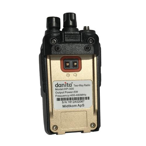 LMR UHF danita HP300 - 400-520 MHz 5W - IP54
7,2 V / 1400 mAh Li-ion batteri, bordlader