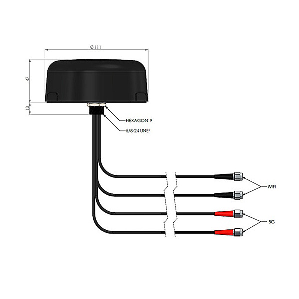 PUK antenne Cellular MiMo, GNSS and WiFi MiMo
698-3800 MHz (Celluar) - 2400-7125 MHz (WIFI)
4 x 2M. RG174/U - SMA male
EXTENDR 5G MiMo-4