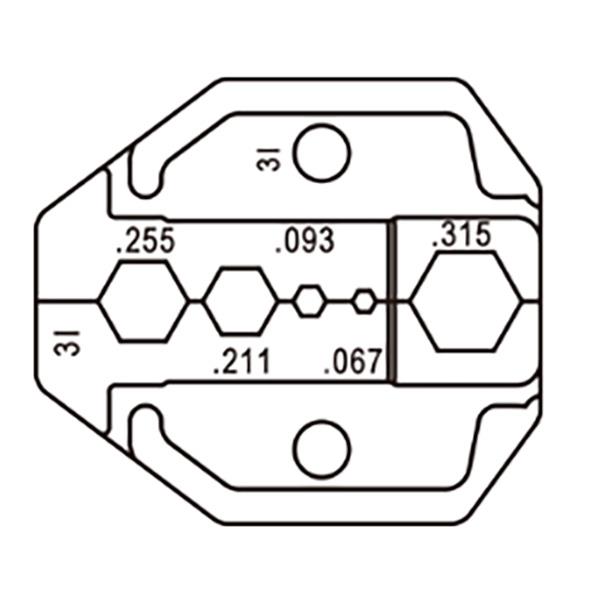 Crimp kæber HT-IA (HT-336I)
(RG 58,59,6,174, RF240)
.255"/.211"/.093"/.067"/.315"
6.48/5.36/2.36/1.70/8.00mm